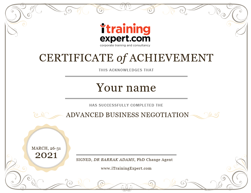 Certificate for Advanced Negotiation Skills iTrainingExpert.com 